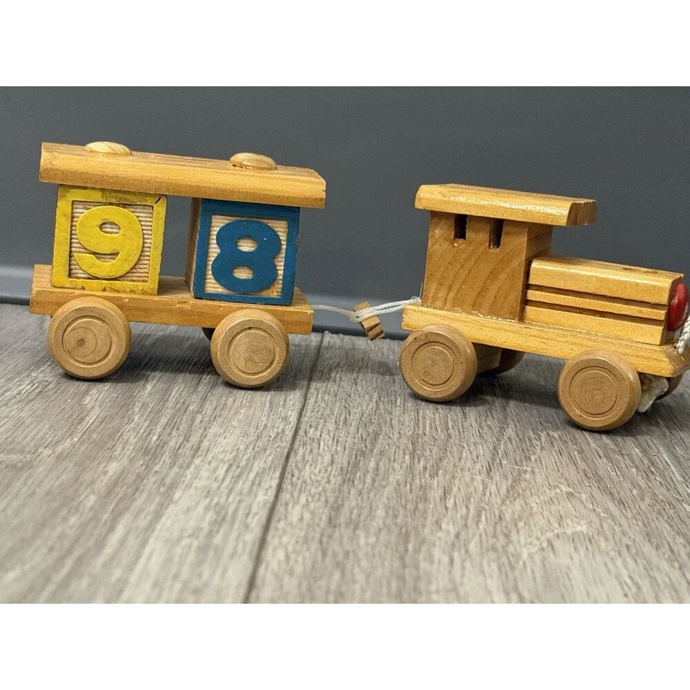 VINTAGE HAND MADE WOODEN TRAIN & CAR WITH BLOCKS STURDY Pull Toy